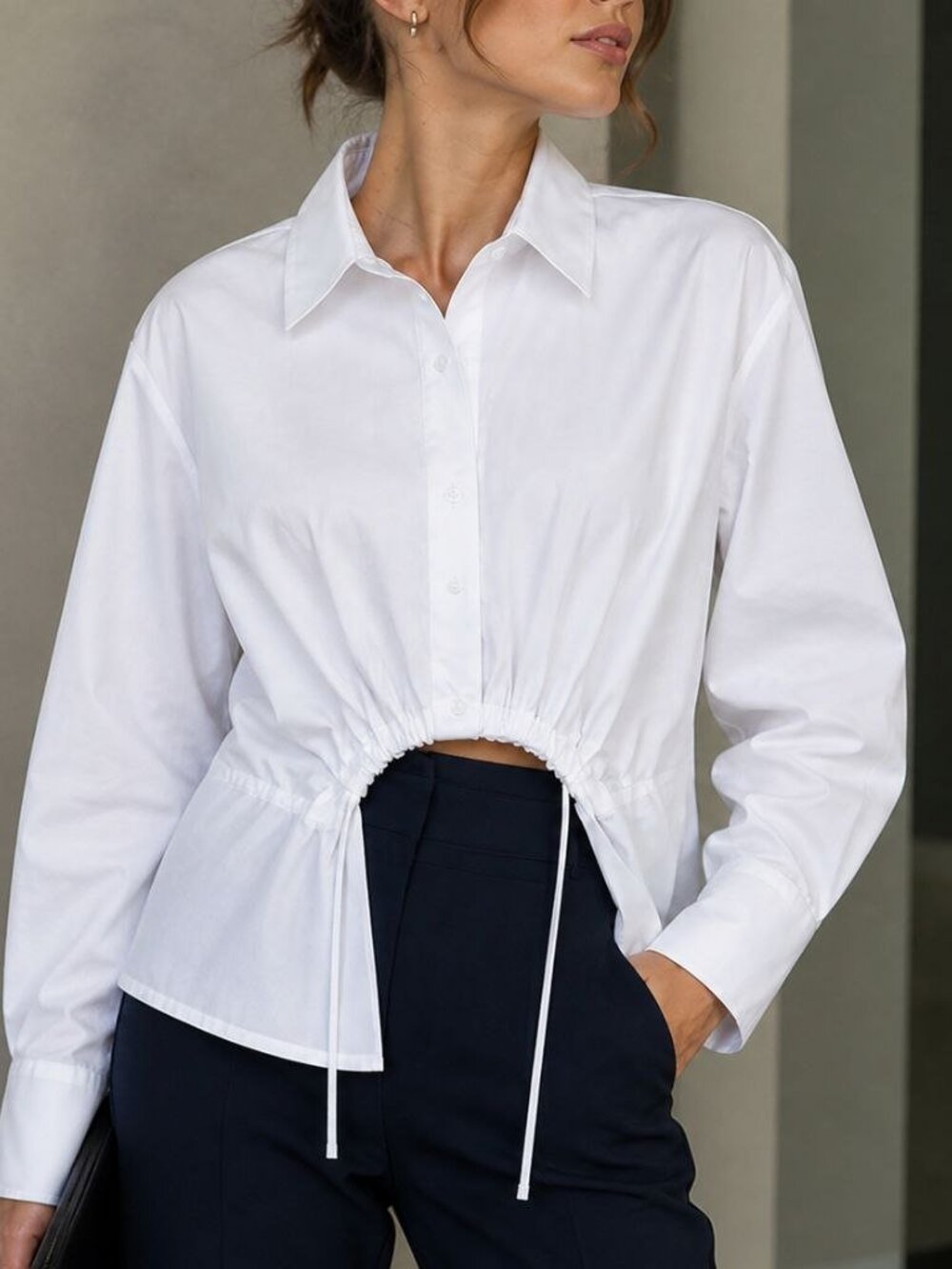 White Button Front Shirt Elastic Front Detail Long Sleeve Size M
